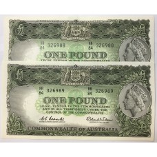 AUSTRALIA 1961 . ONE 1 POUND BANKNOTES . CONSECUTIVE PAIR . DARK GREEN REVERSE